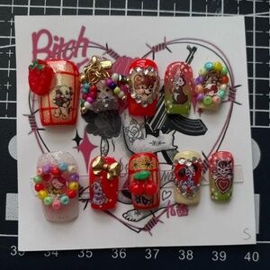 kawaii cutecore kittens cats red bejeweled mcbling y2k harajuku press-on nails